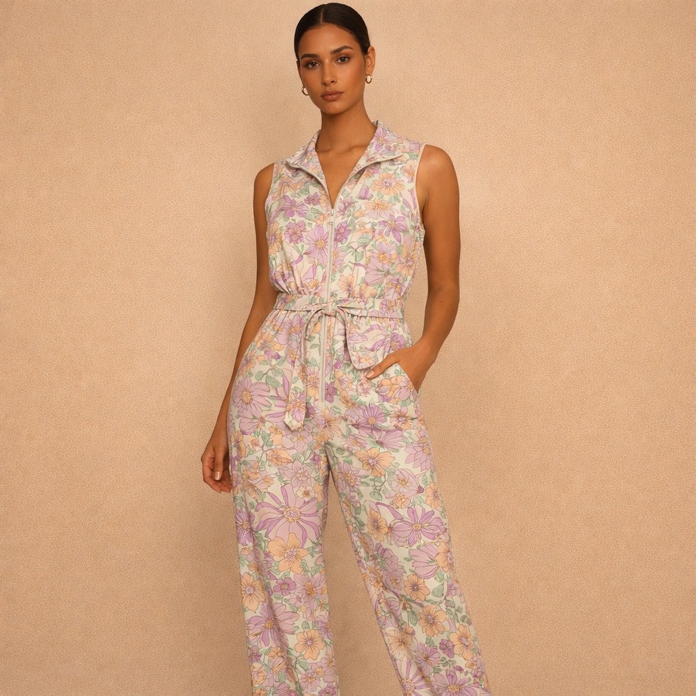 Skies Are Blue Pastel Floral Sleeveless Jumpsuit - Lavender, Peach, Mint